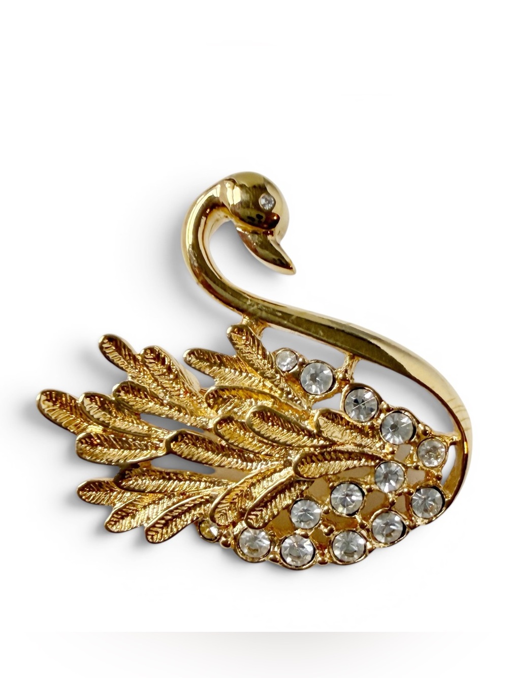 Vintage Princess House Luminess Goldtone Clear Rhinestone Swan Brooch Pin